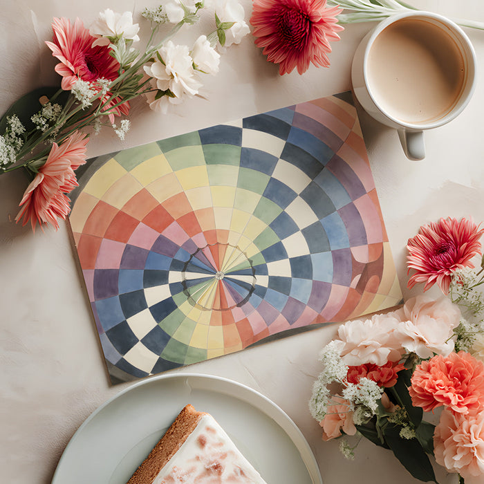 A soft geometric mural featuring circular grid patterns in a light-filled bedroom.