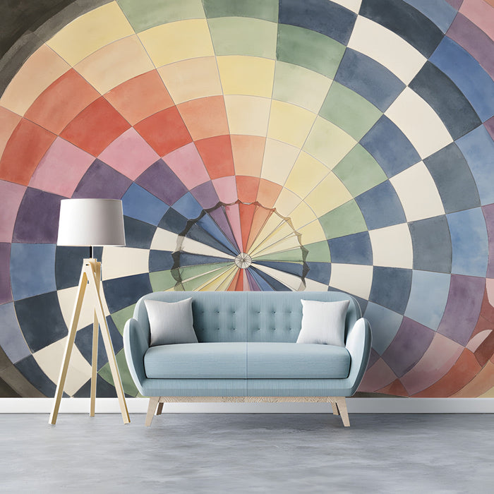 A colorful radial grid mural installed as a vibrant feature wall in a modern entryway room.