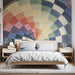 A watercolor abstract wallpaper design behind a clean wooden desk in a bedroom.