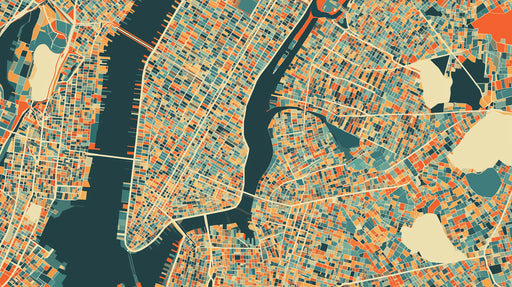 Abstract map of New York City in retro colors like coral ochre and charcoal