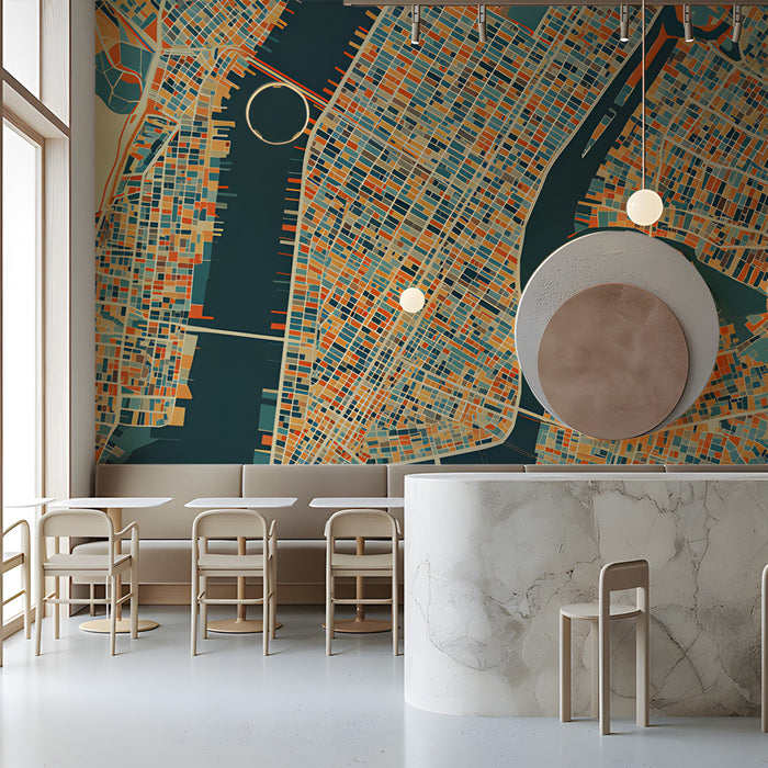 Modern cafe with a colorful NYC map mural on the feature wall