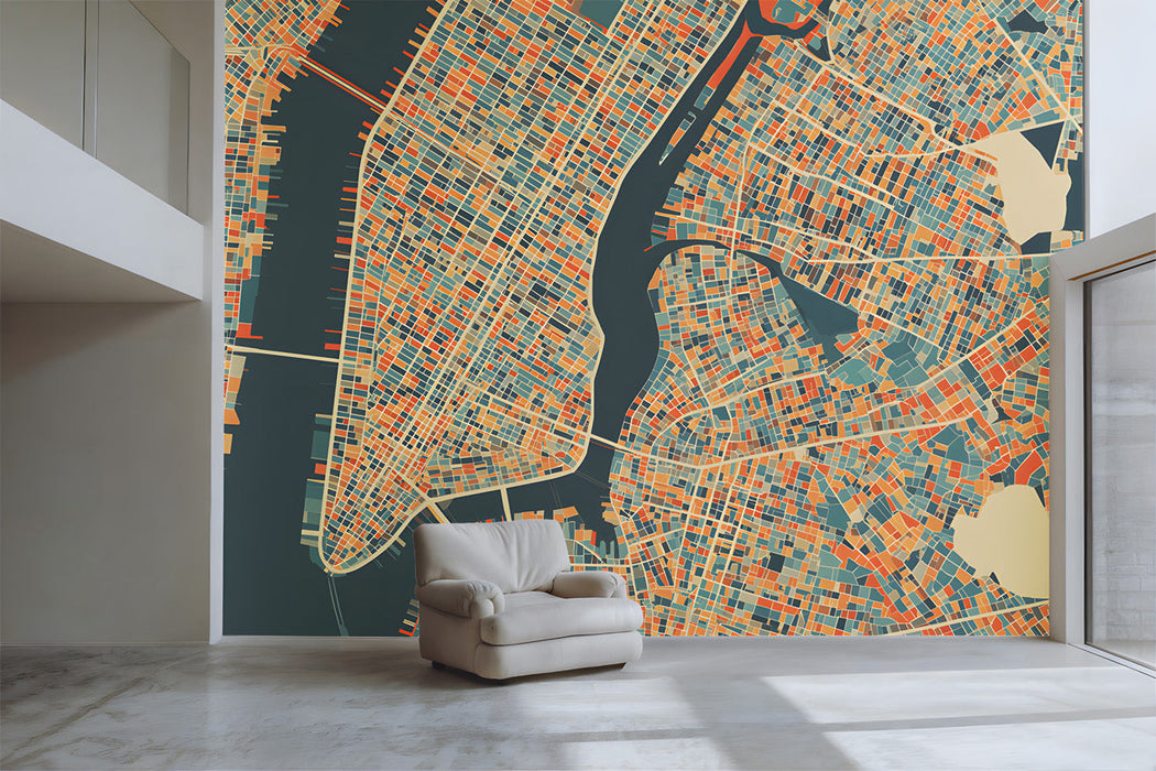 Stylish study featuring a geometric city map wallpaper as a focal point