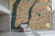 Stylish study featuring a geometric city map wallpaper as a focal point
