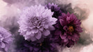 Oversized painterly dahlia flowers in shades of deep purple and light lavender on a smoky gray and rose mist background.