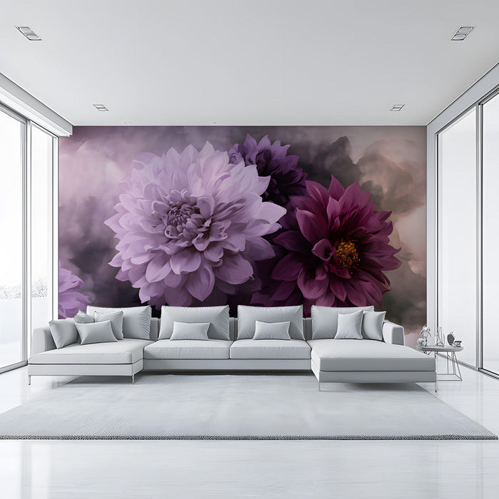 A sophisticated entyway space featuring artistic purple dahlia wallpaper as a dramatic backdrop.