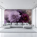 A sophisticated entyway space featuring artistic purple dahlia wallpaper as a dramatic backdrop.
