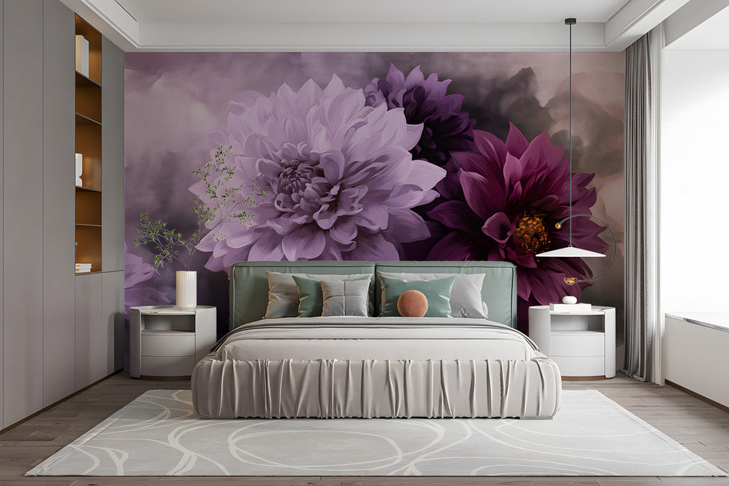 A romantic bedroom featuring a large-scale purple dahlia floral mural behind a tufted velvet headboard.