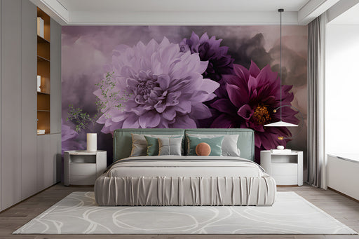 A romantic bedroom featuring a large-scale purple dahlia floral mural behind a tufted velvet headboard.