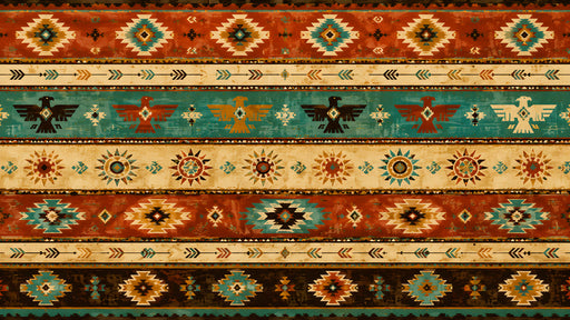Southwestern tribal wallpaper with geometric eagle motifs, arrow patterns, and bands of terracotta, turquoise, and ochre.