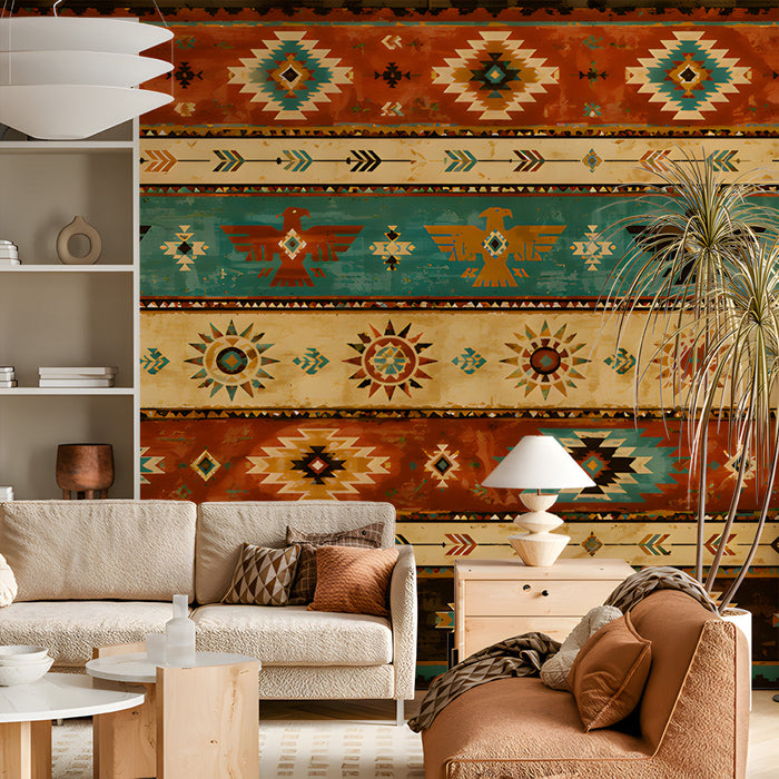 A living room or hallway decorated with the geometric tribal mural to provide a bold, rustic focal point.