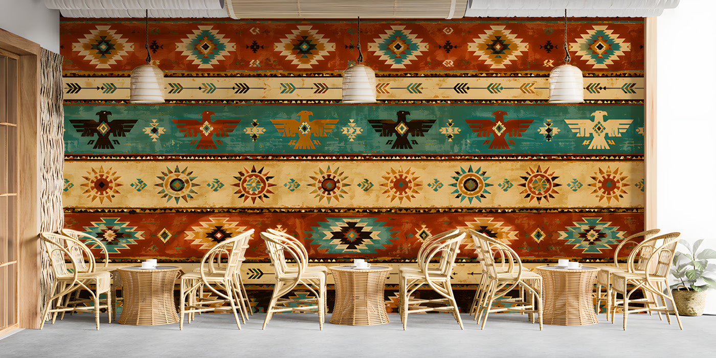 A cozy bar featuring the southwestern eagle mural behind a leather sofa and wooden coffee table.