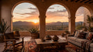 A scenic wallpaper featuring arched doorways looking out over a desert sunset with mountains and cacti