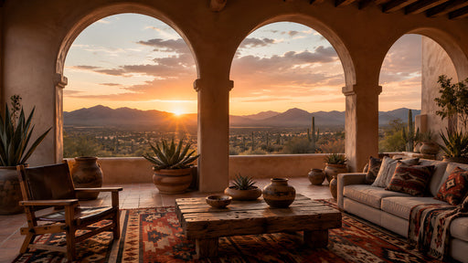 A scenic wallpaper featuring arched doorways looking out over a desert sunset with mountains and cacti