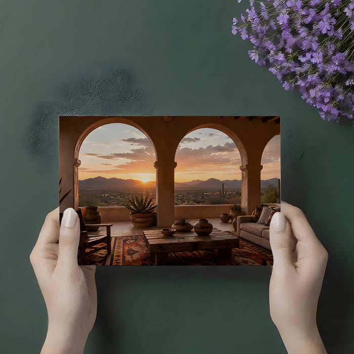 A peaceful bedroom with the arched desert mural behind the headboard for a travel-inspired retreat