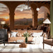 A sophisticated home office space featuring the desert mountain sunset view as a calming backdrop