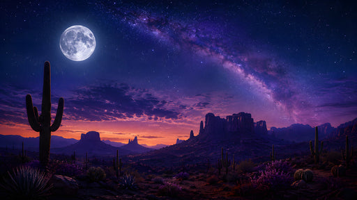 A vast desert landscape under a full moon and Milky Way sky with saguaro cacti silhouettes in purple and orange.