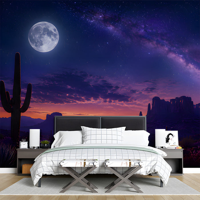 A sophisticated bedroom interior showcasing a starry night landscape wallpaper.