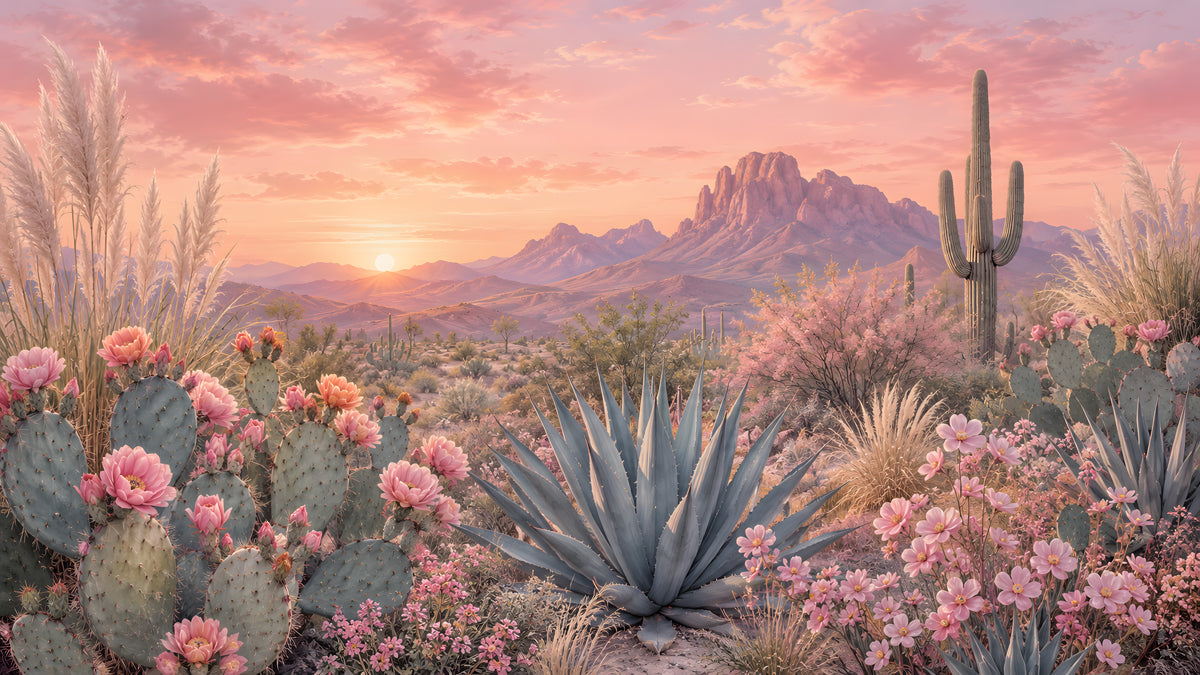 A desert mural wallpaper featuring a sunset with pink clouds, blooming cacti, agave plants, and distant rugged mountains.