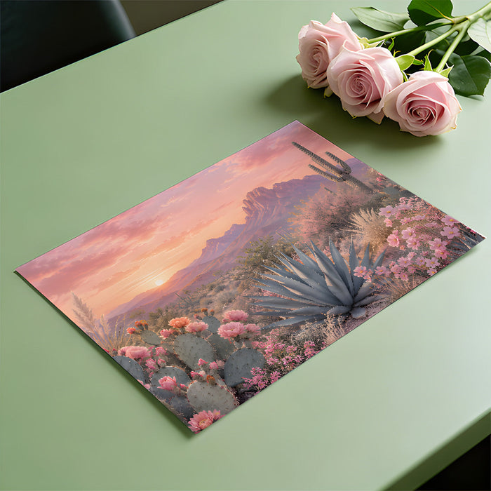 A light-filled living room wall showcasing a painterly desert scene with blooming cacti and mountain vistas.
