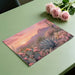 A light-filled living room wall showcasing a painterly desert scene with blooming cacti and mountain vistas.