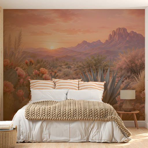 A bright, airy bedroom space with a desert landscape mural that adds warmth and artistic depth to the room.