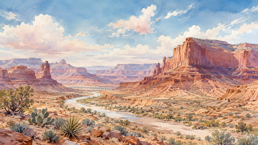Watercolor mural of a desert canyon landscape with red rock cliffs, a winding river, and a clear blue sky