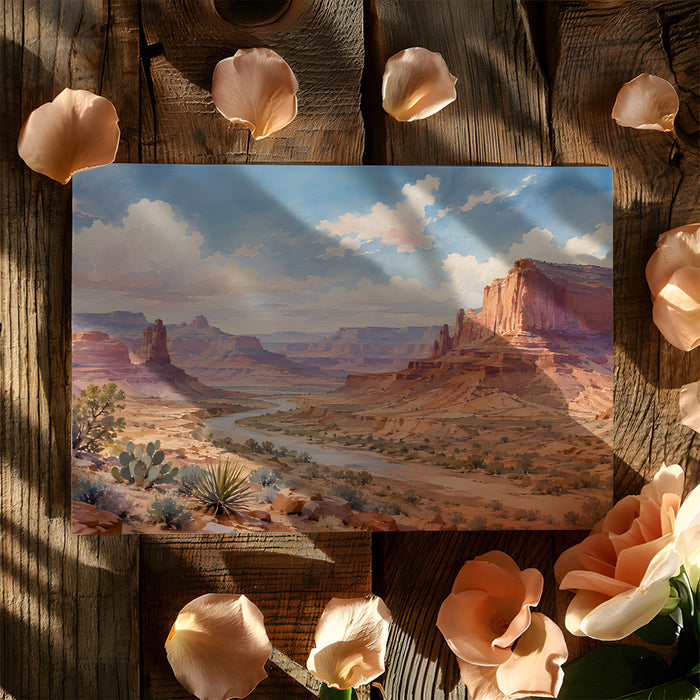 Dining room interior featuring a canyon landscape mural behind a wooden dining table