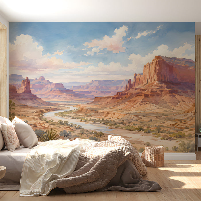 Bedroom space with an expansive desert canyon mural providing a calm, scenic backdrop