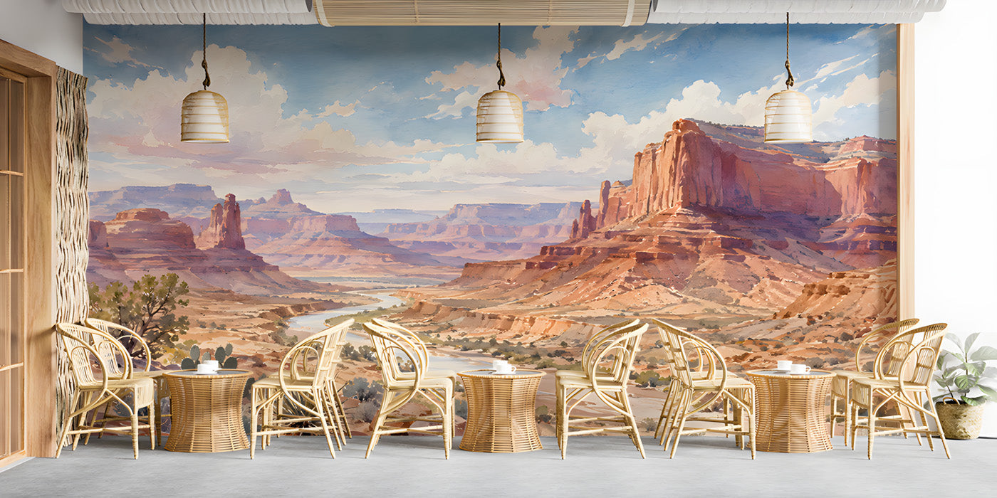 Cafe with a large watercolor desert landscape mural on the main feature wall