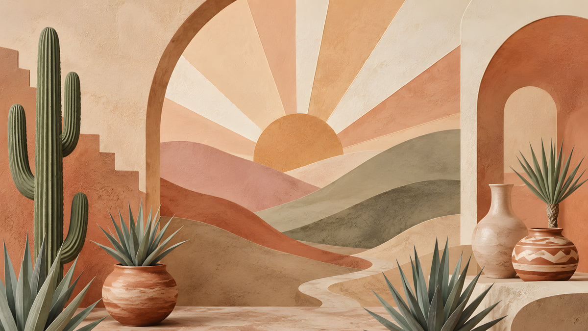 Abstract desert landscape wallpaper with a sunrise over rolling hills, cactus motifs, and a terracotta and sage palette