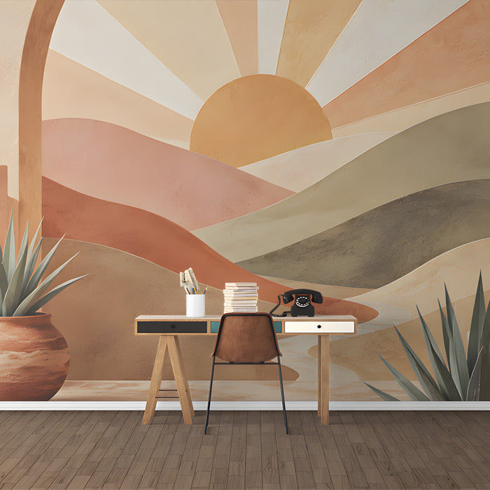Minimalist study room with a peaceful desert horizon wall mural and neutral decor