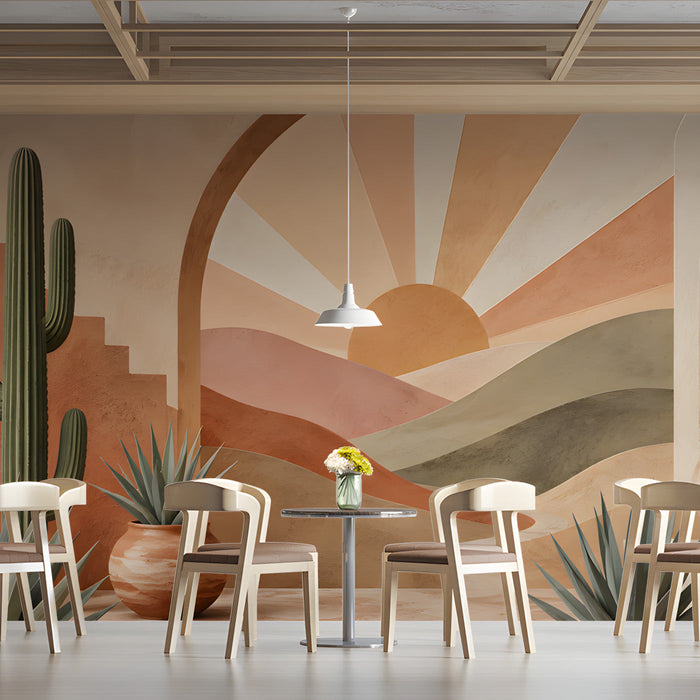 Modern cafe featuring a serene desert sunrise mural above a low-profile platform bed
