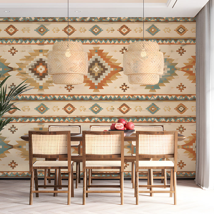 Dining room decorated with warm-toned southwestern patterned wall mural