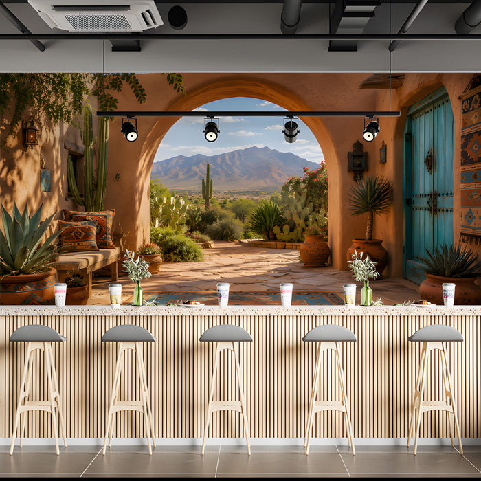 A bright bar decorated with the desert archway mural and warm wood accents.