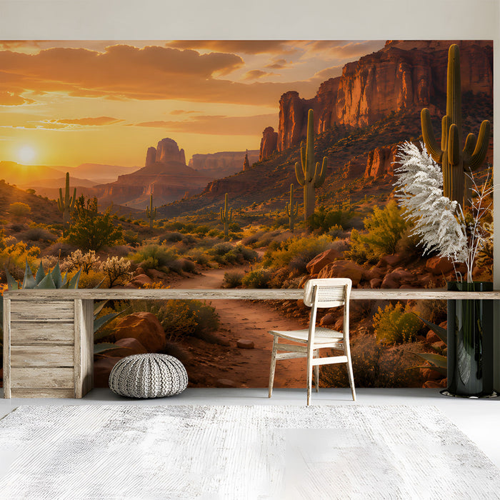 Southwestern desert mural in a sunlit home office with natural rattan furniture