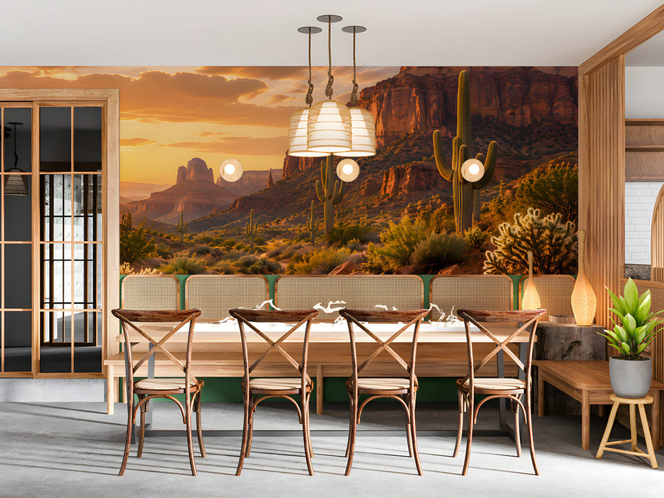 Desert sunset wall mural in a modern minimalist restaurant with warm wood accents