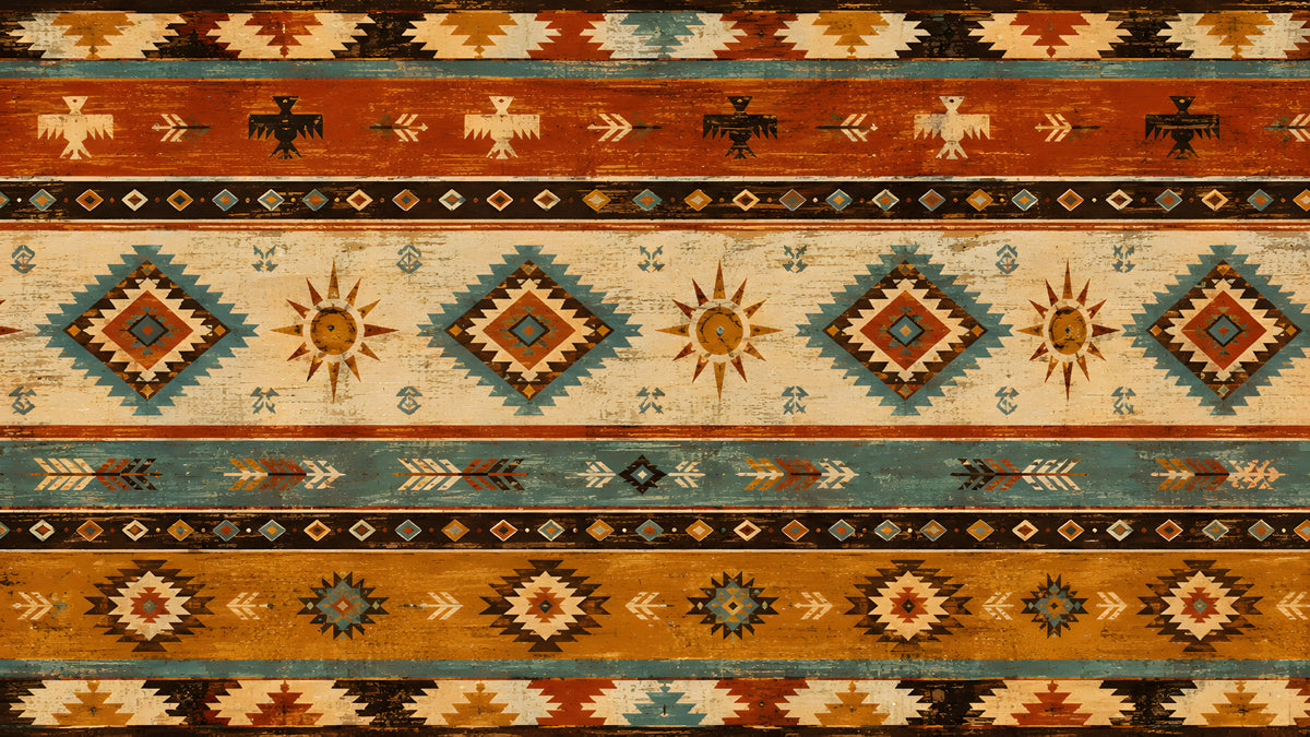 Southwestern geometric mural wallpaper with terracotta and teal bands