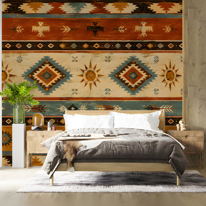 Bedroom featuring southwestern geometric wallpaper behind a leather sofa