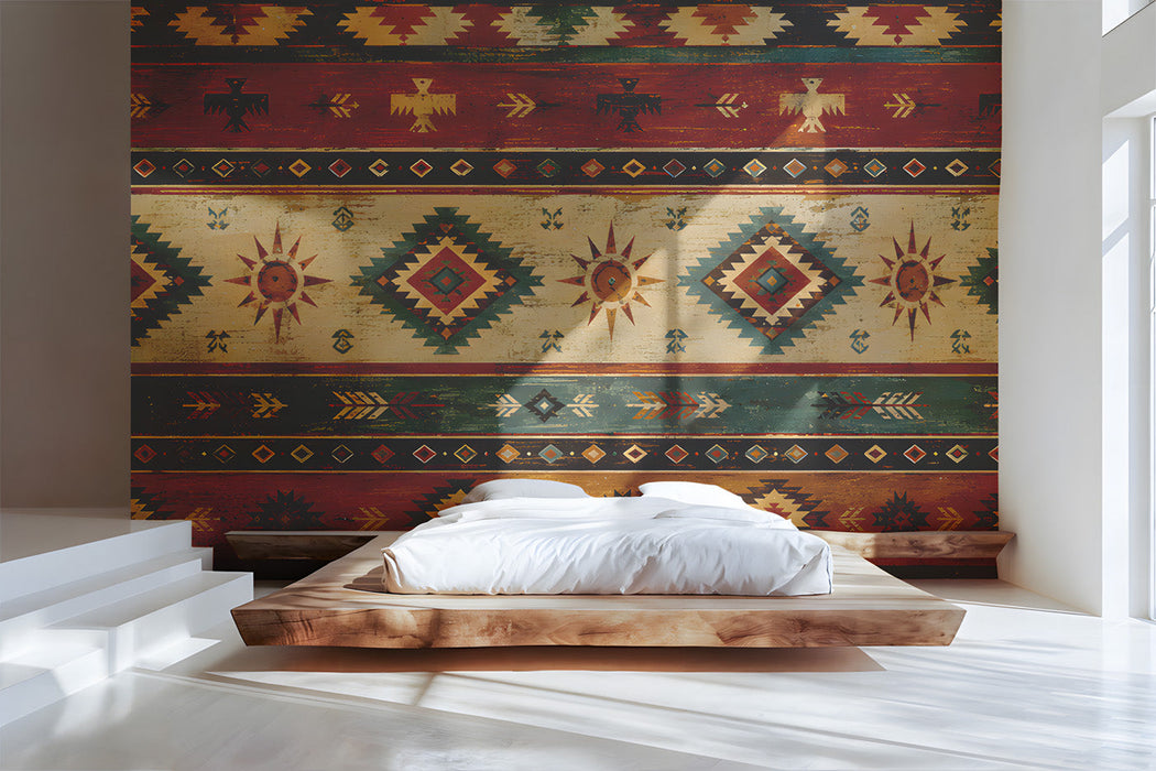 Bedroom interior with tribal pattern wallpaper as a feature wall