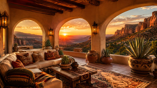 A scenic desert canyon landscape at sunset with orange, ochre, and charcoal rocky mountains and archway framing.