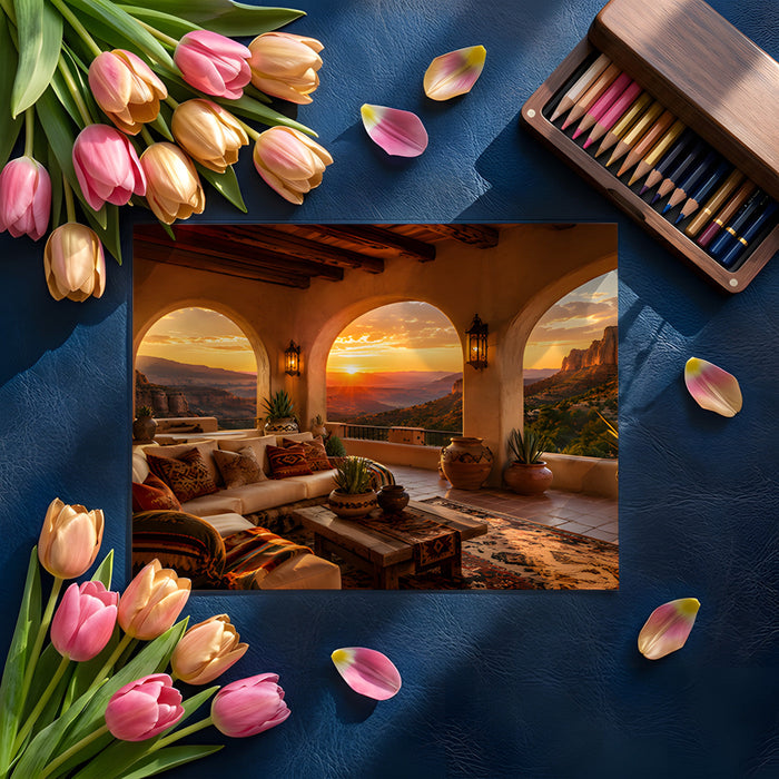 The desert landscape wallpaper featured in a calming bedroom with wooden accents.