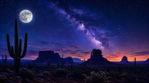 Full moon glowing over a desert landscape with saguaro cacti and a purple and blue starry milky way sky