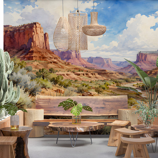 The desert landscape wallpaper installed on a large bar feature wall behind a leather sofa.