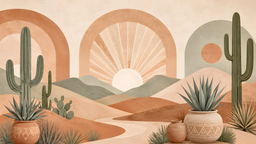 Abstract desert landscape mural with terracotta arches, sage green cacti, and sun rising over dunes.
