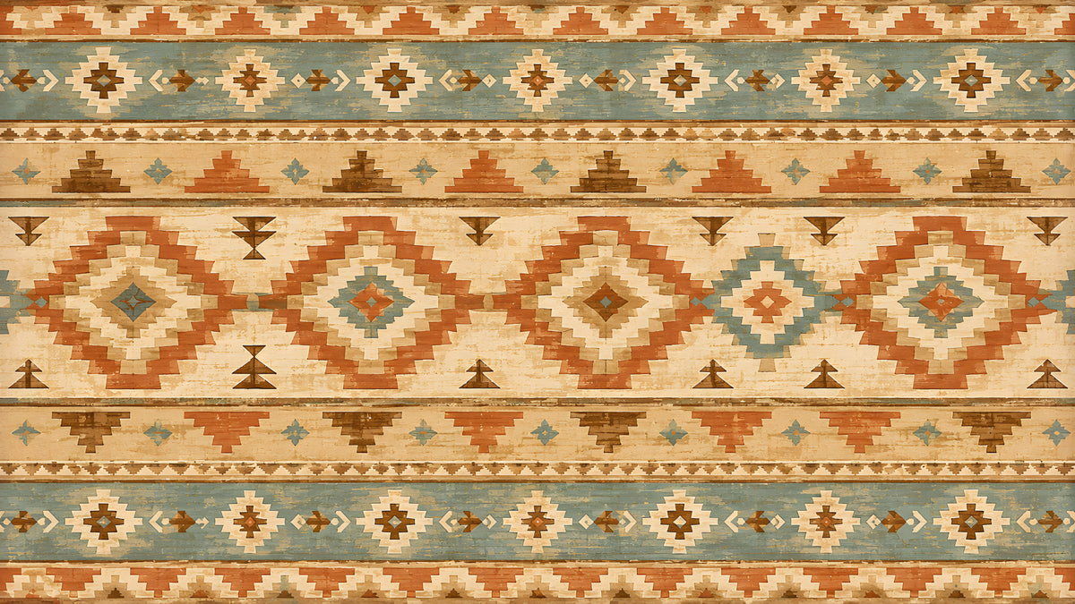 Southwestern geometric mural wallpaper with diamond patterns in terracotta, dusty blue, and espresso brown.
