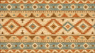Southwestern geometric mural wallpaper with diamond patterns in terracotta, dusty blue, and espresso brown.