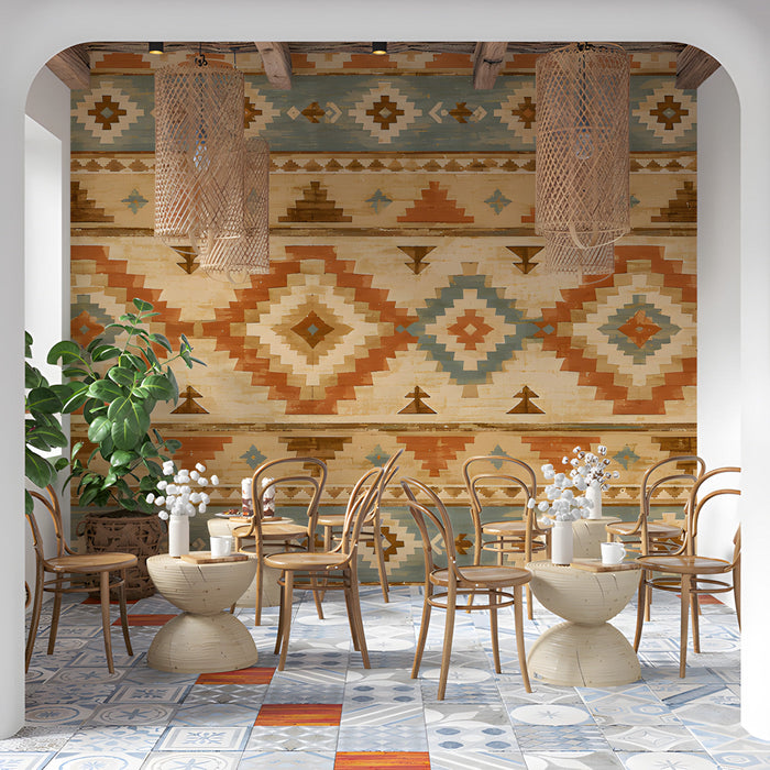 A bright hallway entryway decorated with earthy terracotta and blue geometric patterned wall mural.