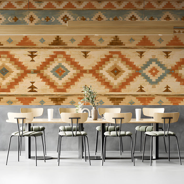 A cozy living room featuring the geometric southwestern mural wallpaper behind a tan leather sofa.