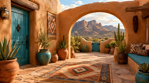 A desert landscape wall mural featuring adobe arches, rugged mountains, and turquoise accents.