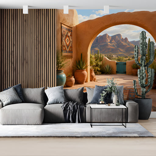 A commercial space featuring the warm adobe desert mural for a welcoming atmosphere.